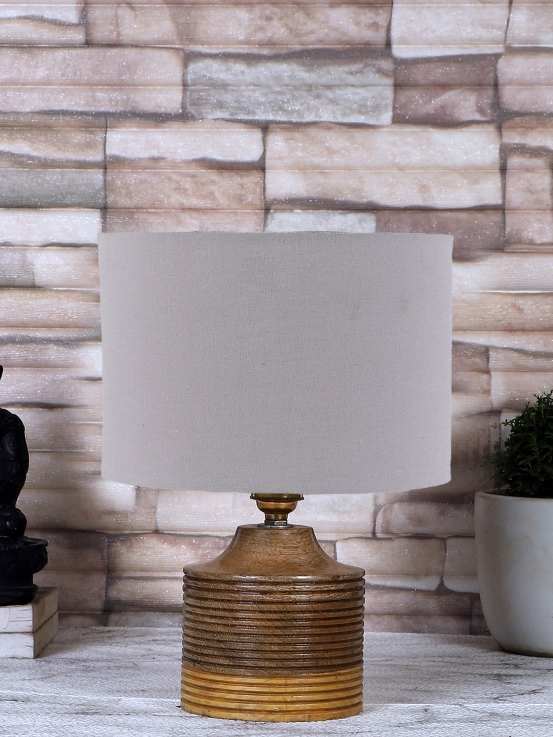 Devansh Grey Cylinder Shape Wooden Table Lamp