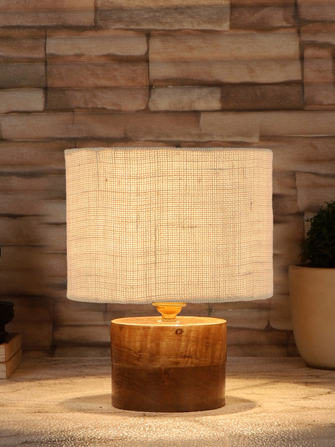 Devansh White & Brown Jute Table Lamp With Wood Base