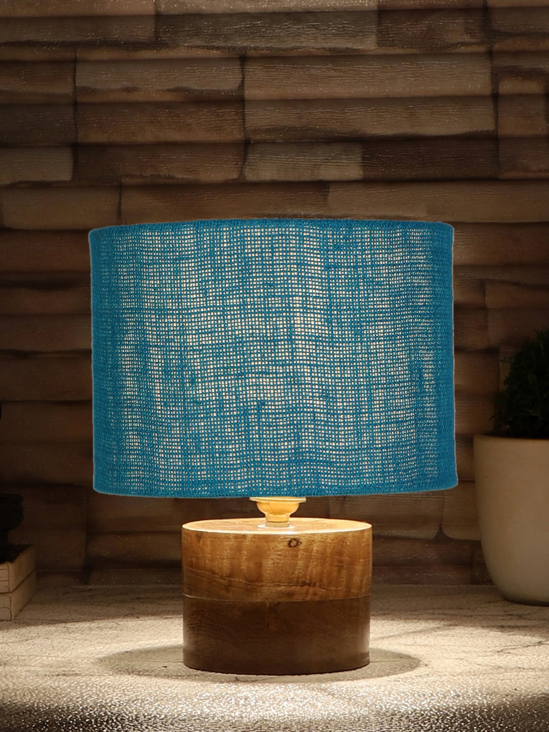 Devansh Turquoise Blue & Brown Jute Table Lamp With Wood Base