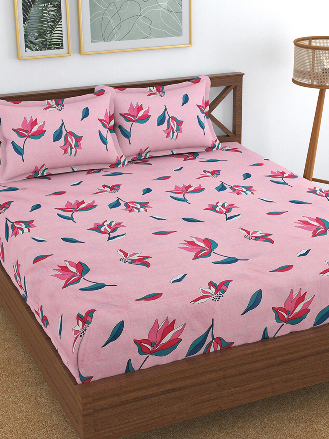 Hammer Home Pink & Blue Floral 144 TC Fitted King Bedsheet with 2 Pillow Covers
