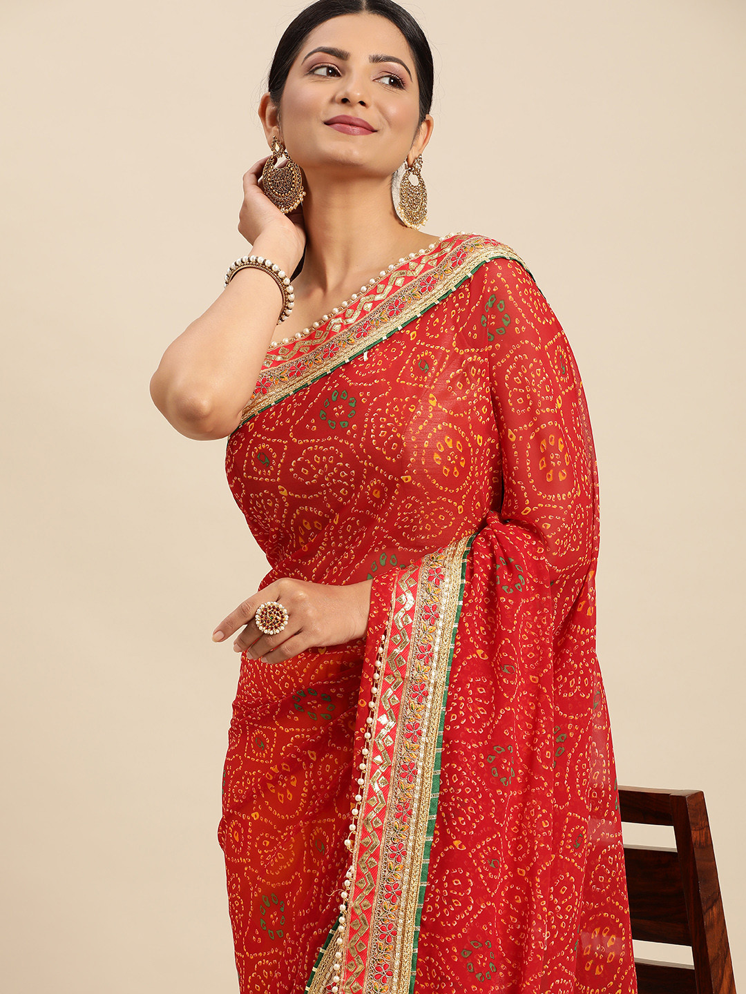 Mitera Yellow & Red Bandhani Beads and Stones Half and Half Bandhani Saree