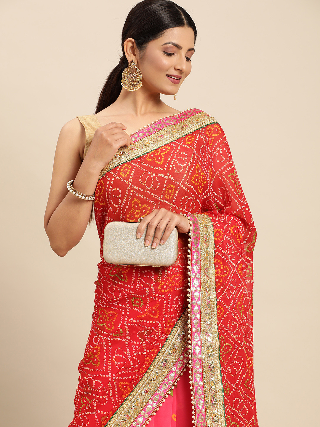 Mitera Pink & Red Bandhani Gotta Patti Half and Half Bandhani Saree