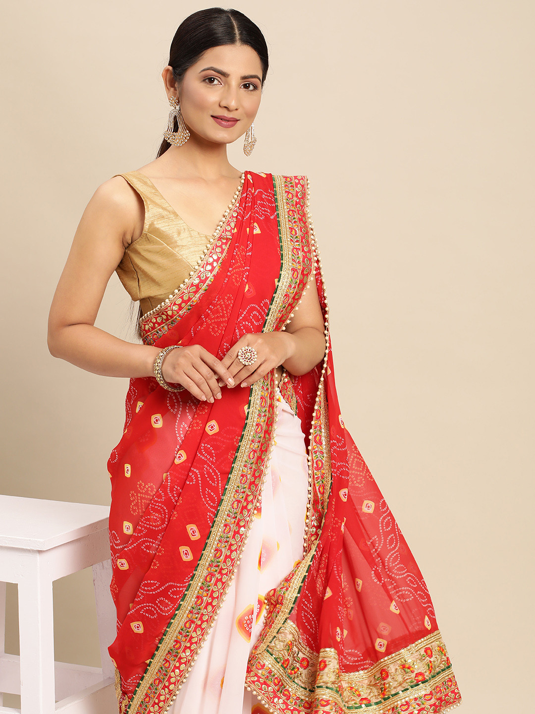 Mitera White & Red Bandhani Gotta Patti Half and Half Bandhani Saree