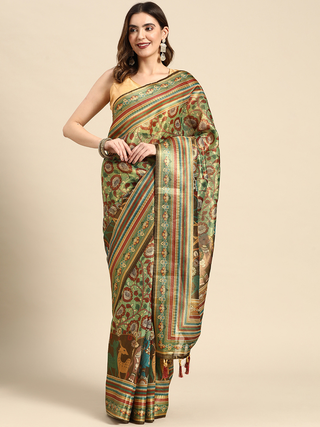 Kaizen TEXO FAB Ethnic Motifs Linen Blend Ready to Wear Maheshwari Saree