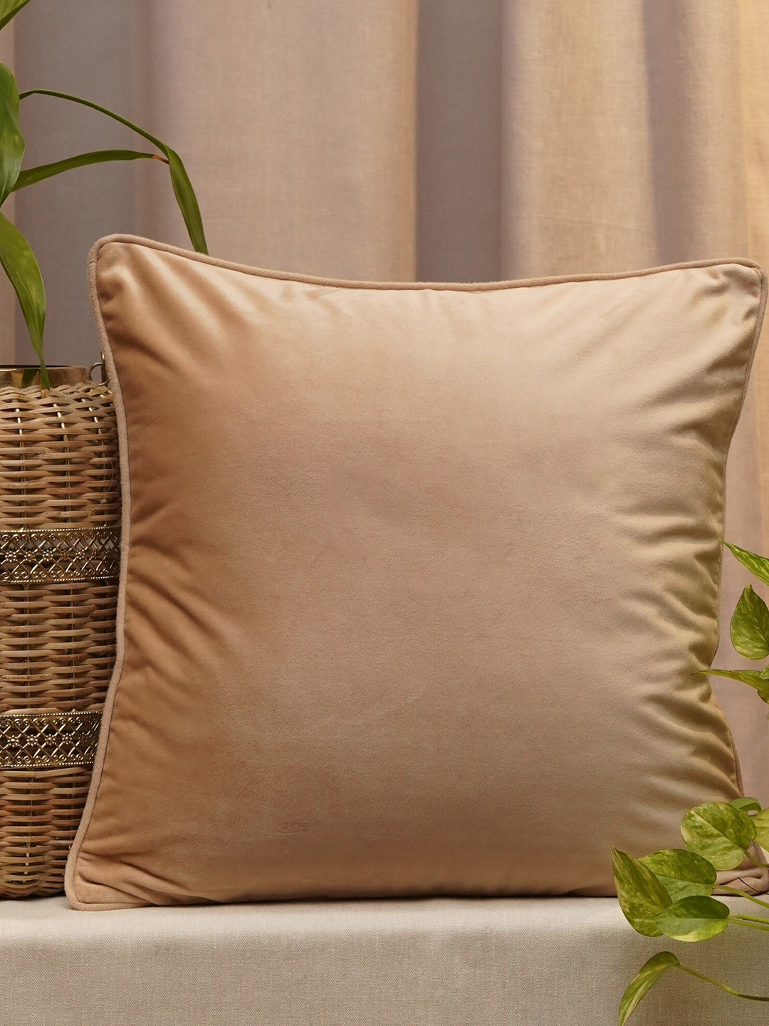 ZEBA Beige Polyester Silk Durable Square Cushion Cover -16x16In