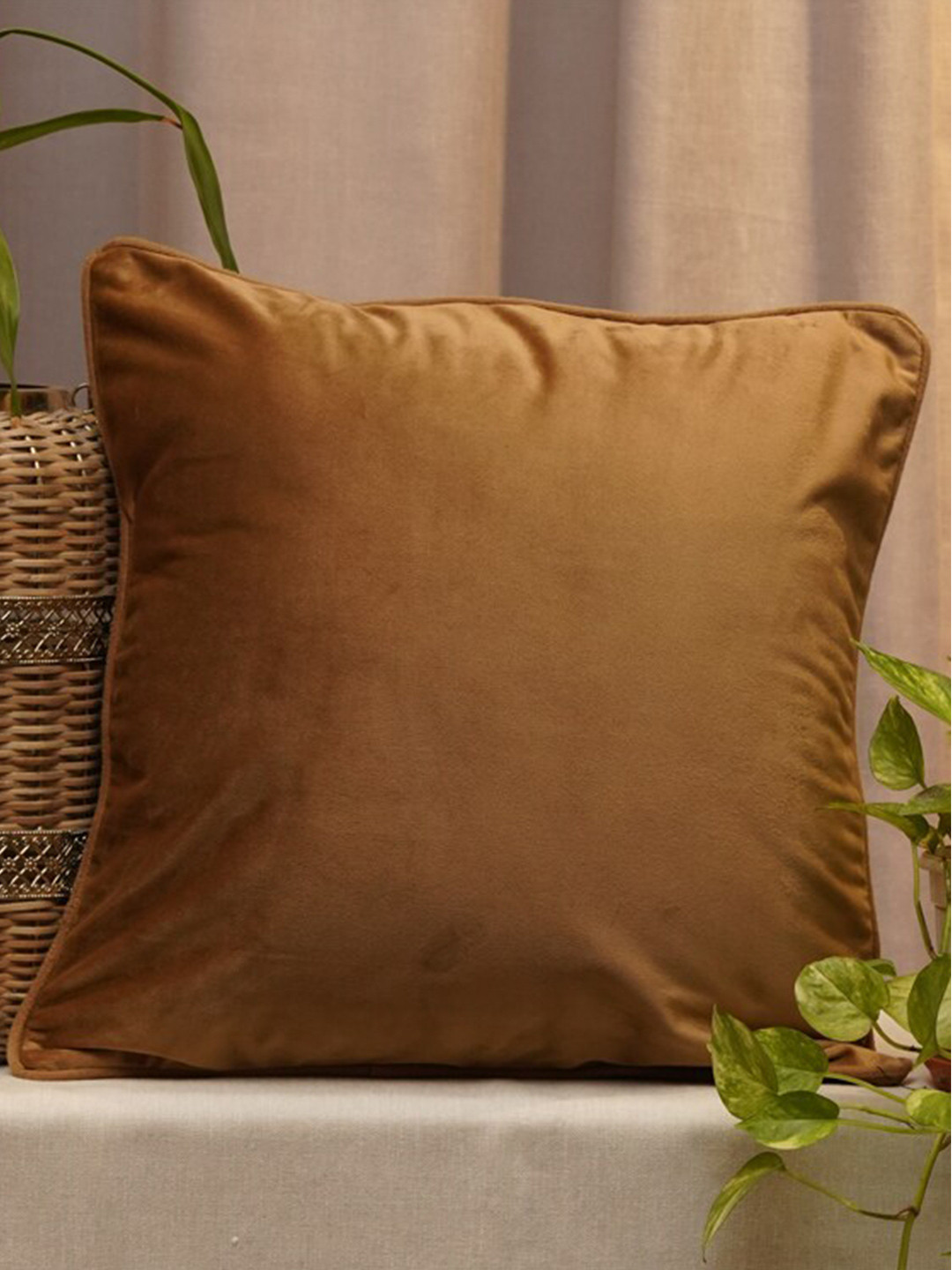 ZEBA Brown Velvet Durable Square Cushion Cover -12x12In