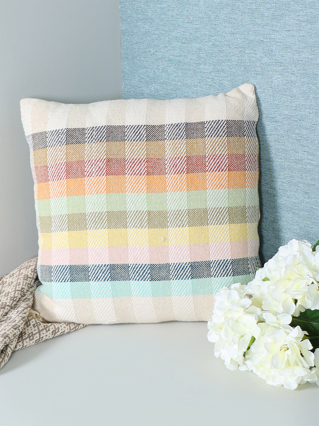 SASHAA WORLD Multi Plaid 100% Cotton Cushion Cover  45x45 cm