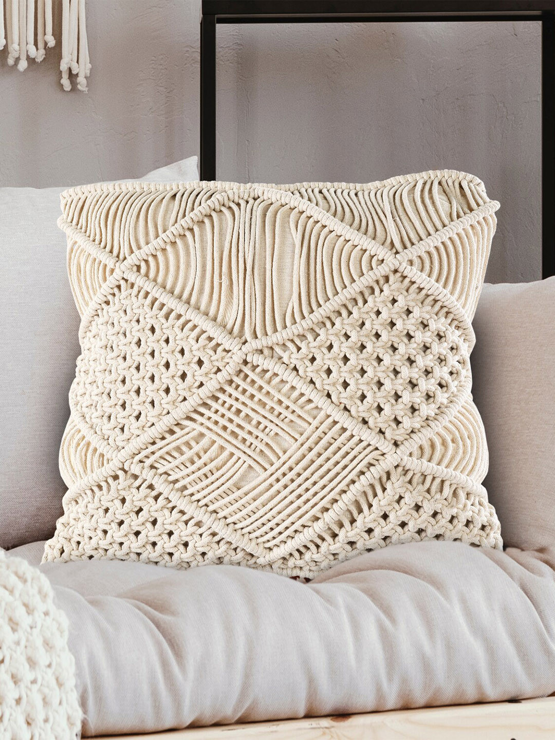 SASHAA WORLD Natural Macrame Throw Pillow Cushion Cover 18x18 inch)