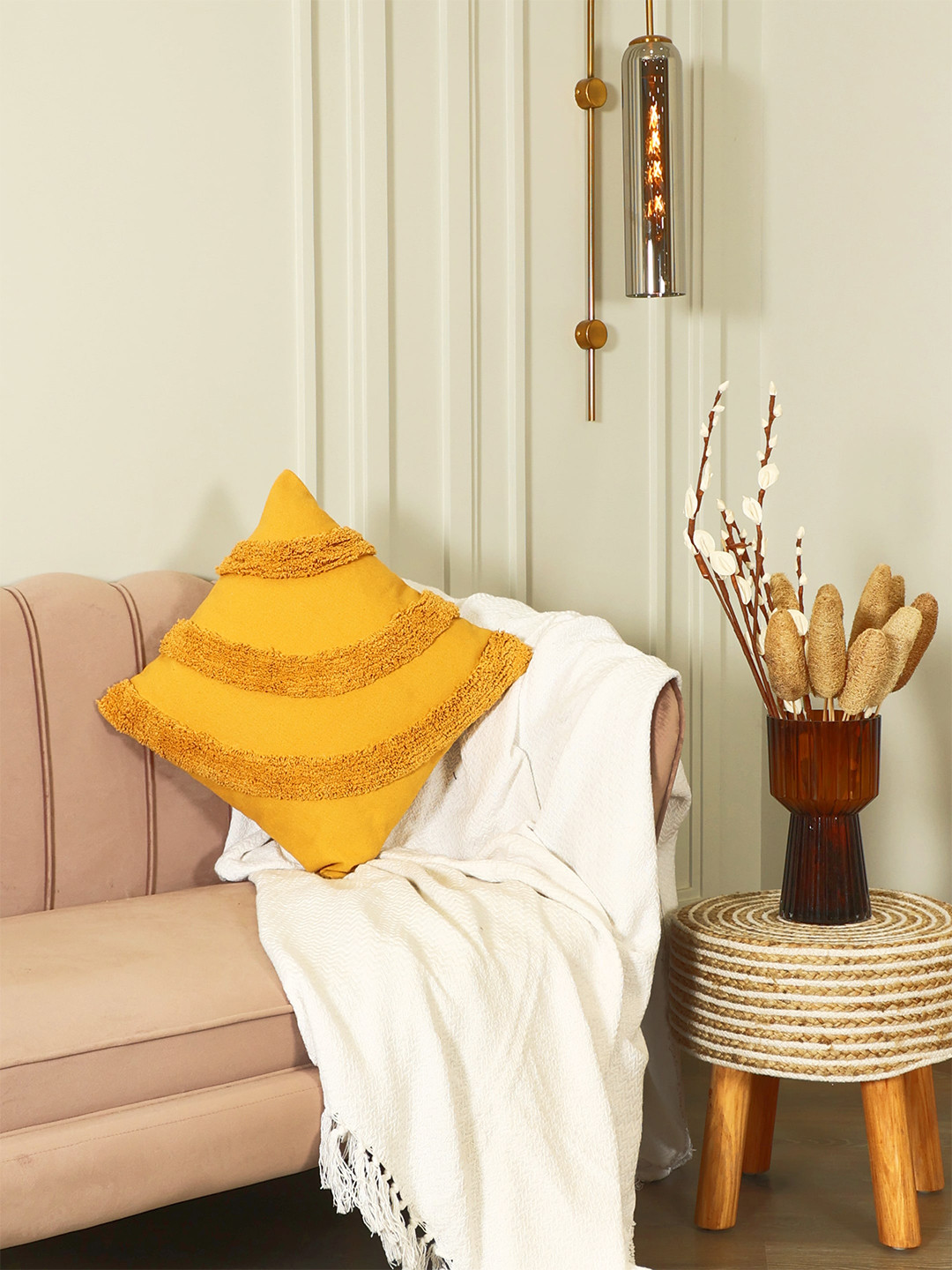 SASHAA WORLD Mustard Embroidered Cotton Breathable Cushion Cover - 17.7 x 17.7 Inches