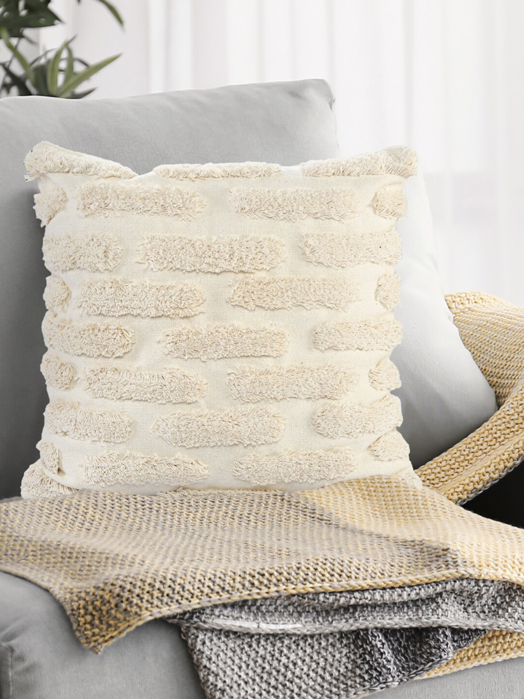 SASHAA WORLD Cream Cotton Breathable Embroidered Square Cushion Cover -18x18In