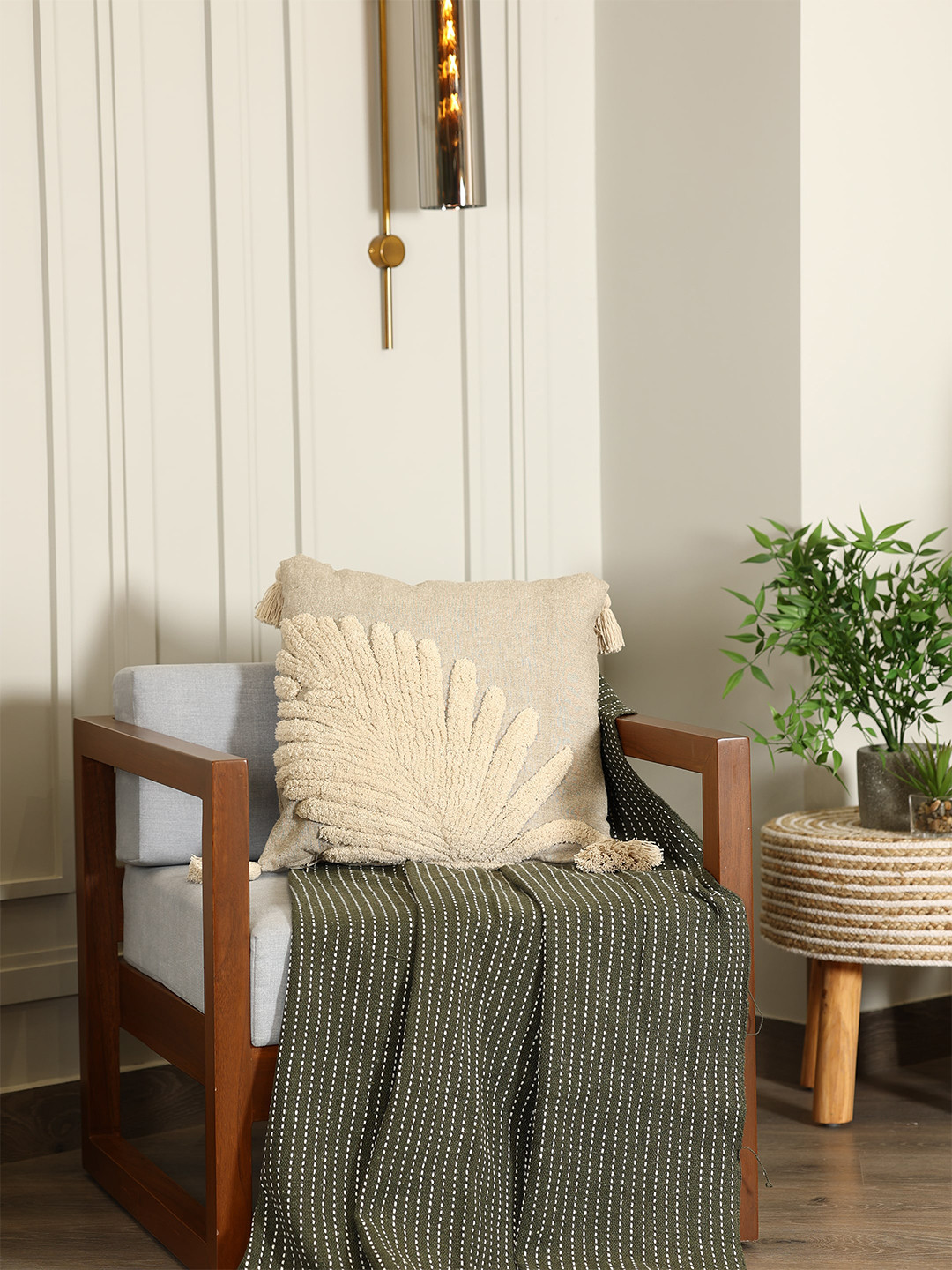 SASHAA WORLD Beige Self Design Cotton Lightweight Textured Square Cushion Cover -16x16In