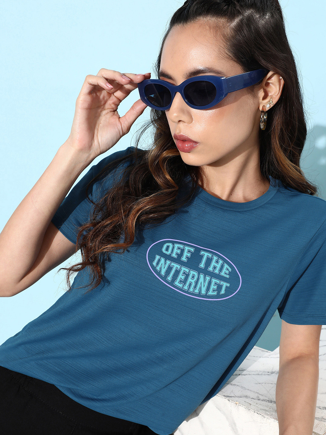 DressBerry Cool Blue Graphic High Typography Printed Casual T-shirt