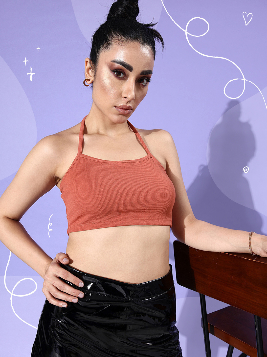 4WRD by Dressberry Rust Brown Ribbed Halter Neck We May Party Skewed Sexy Crop Top