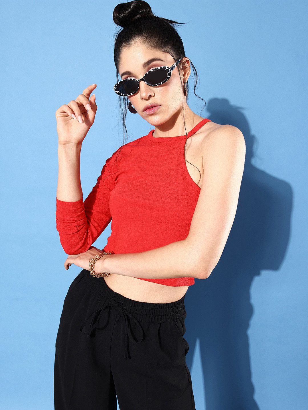 DressBerry Bright Red Solid One Shoulder The Vacay attire Crop Top