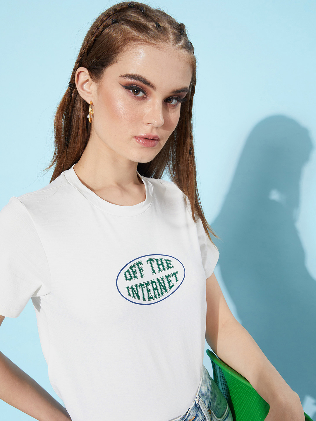 DressBerry Crystal White Graphic High Typography Printed Round-Neck T-shirt