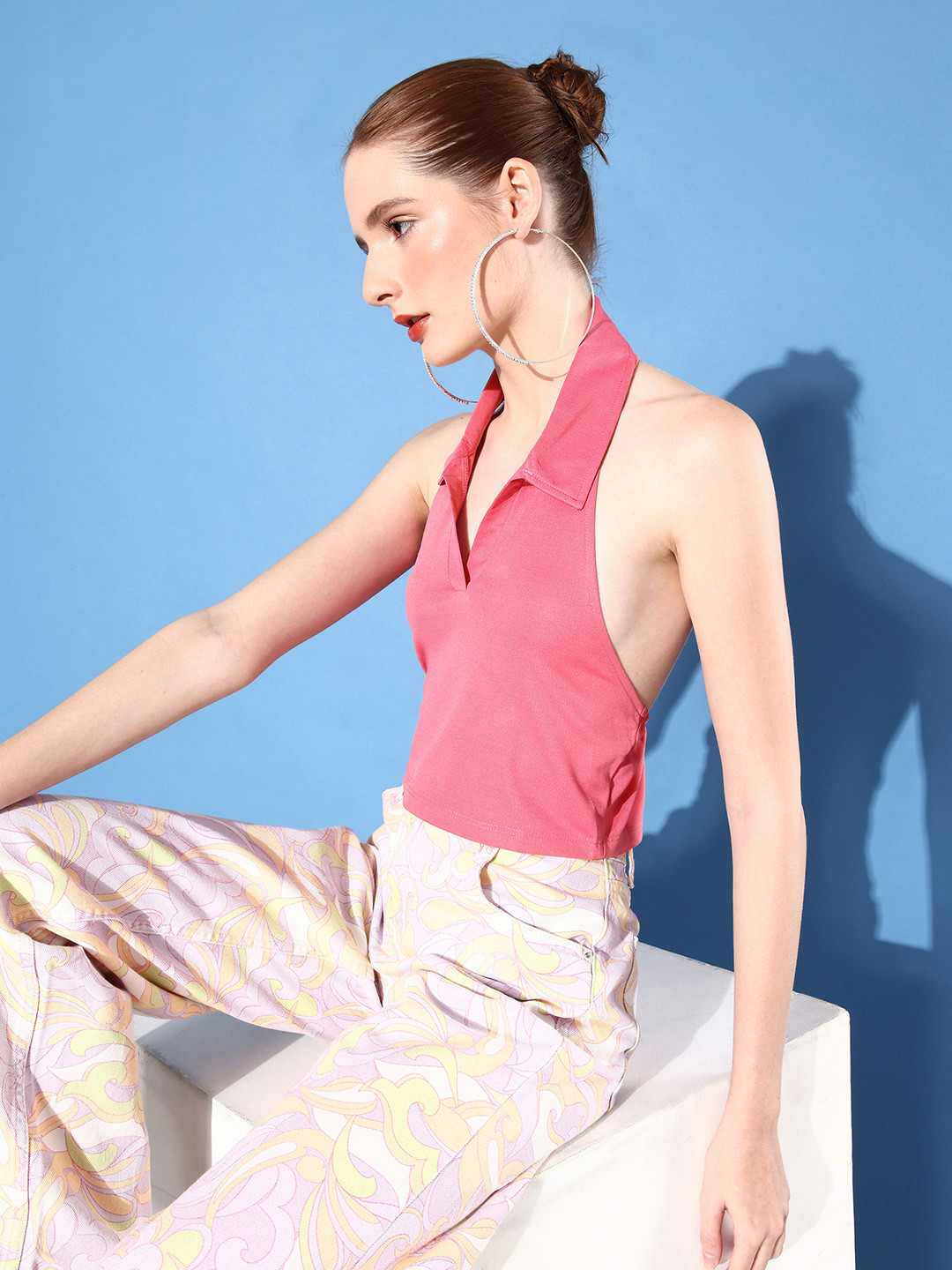 DressBerry Glam Pretty Pink Halter Neck Styled Back Take the vest Crop Top