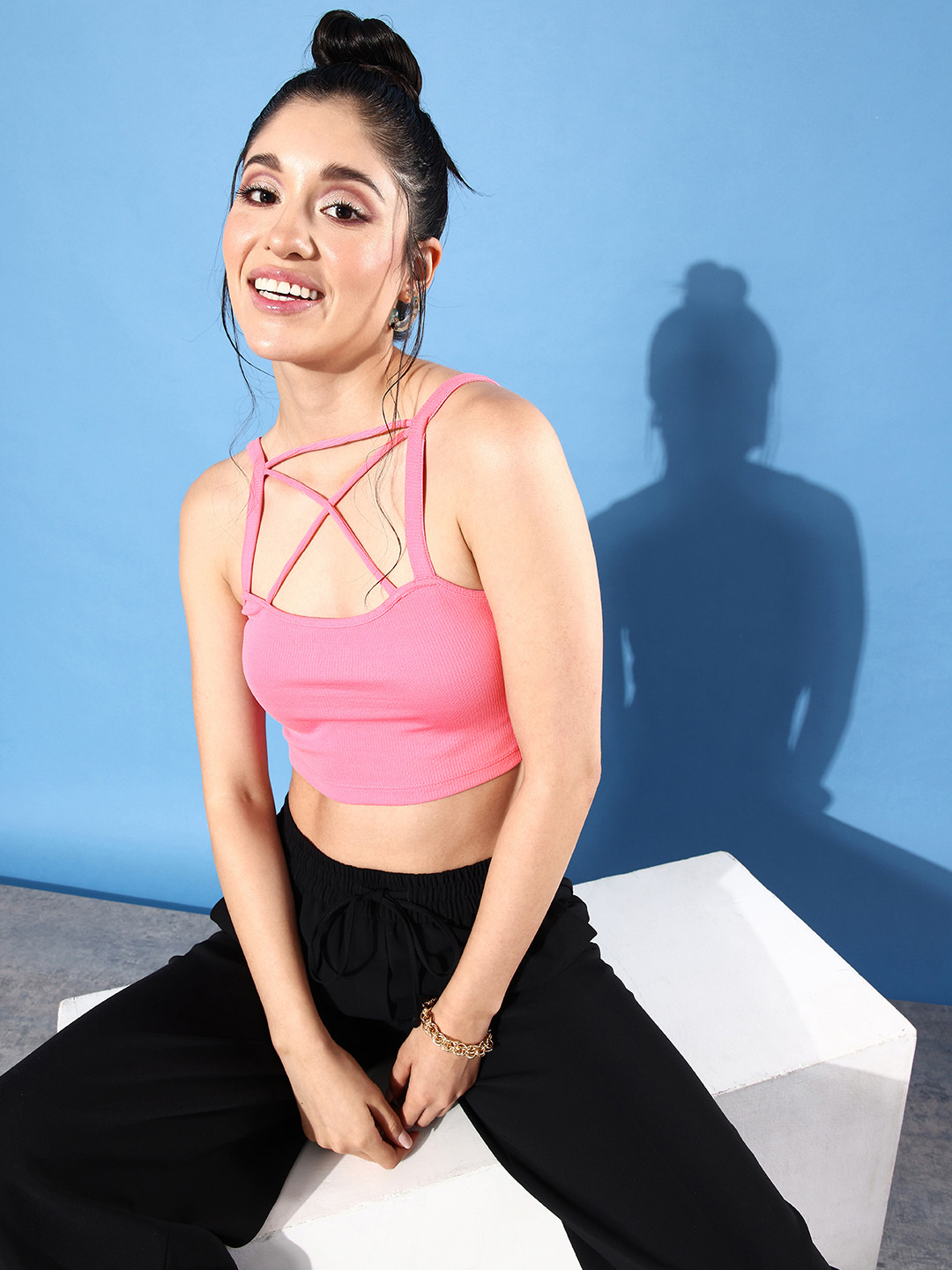 DressBerry Lovely Pink Solid Sleeveless Fitted Neck it is ! Crop Top