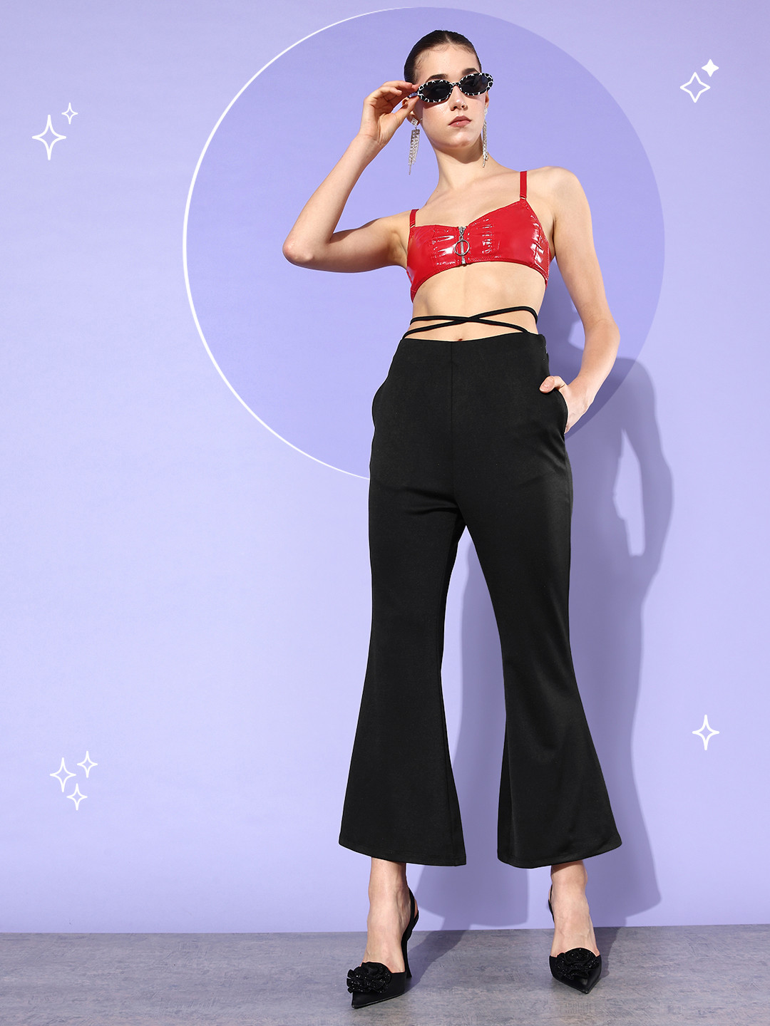 Dressberry Women Jet Black Waist Tie-Up Detail Hardware Trousers