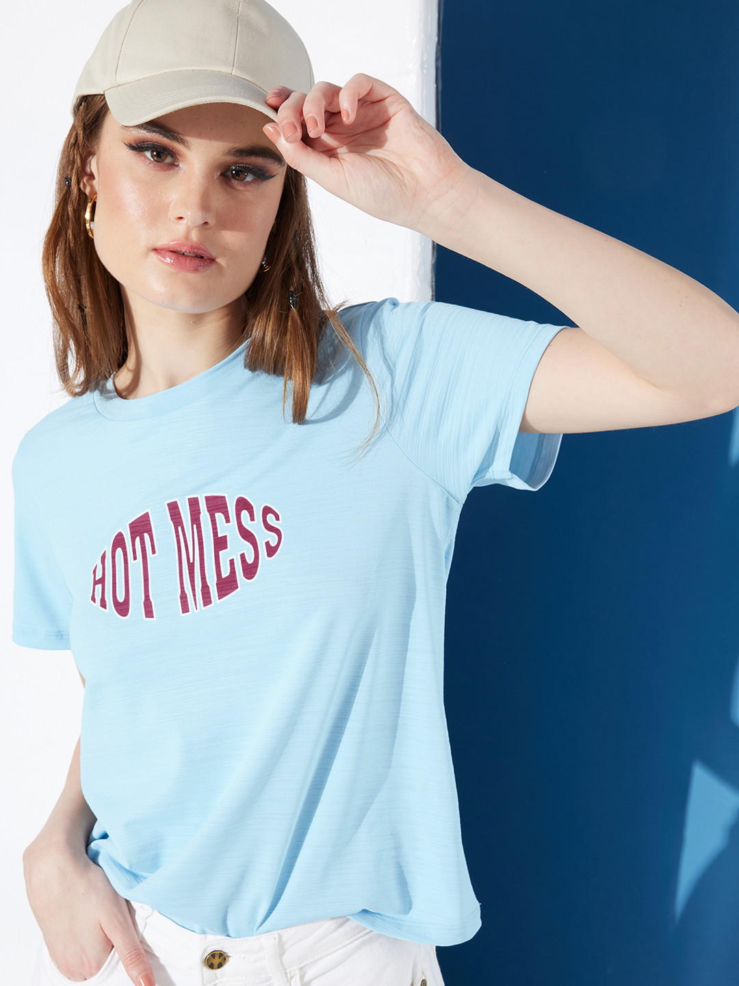 DressBerry Powder Blue Graphic High Typography Printed Casual T-shirt