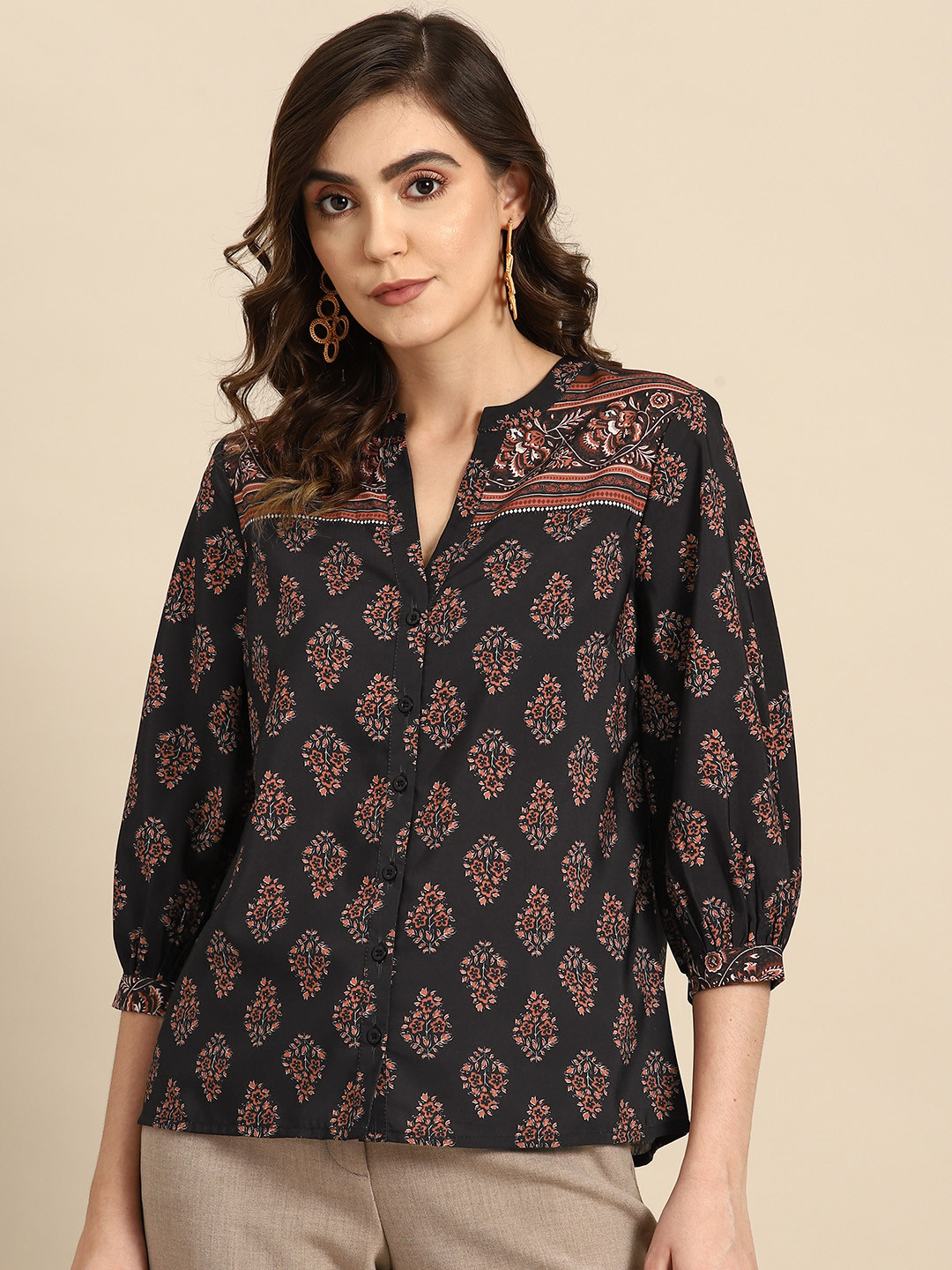 Routes by All About You Printed Gathered Puff Sleeves Casual Shirt
