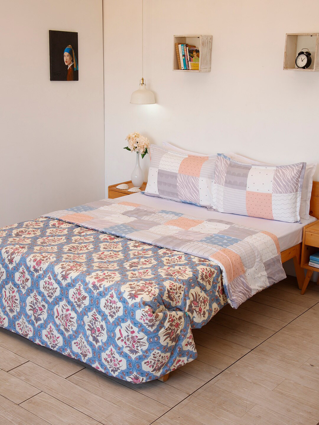 Ariana Blue & Brown Floral Microfiber AC Room 120 GSM Double Bed Reversible Comforter