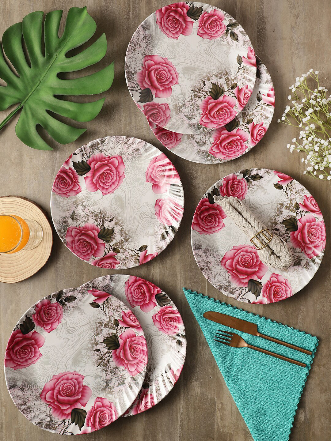 CDI White & Pink 6 Pieces Floral Printed Melamine Glossy Plates