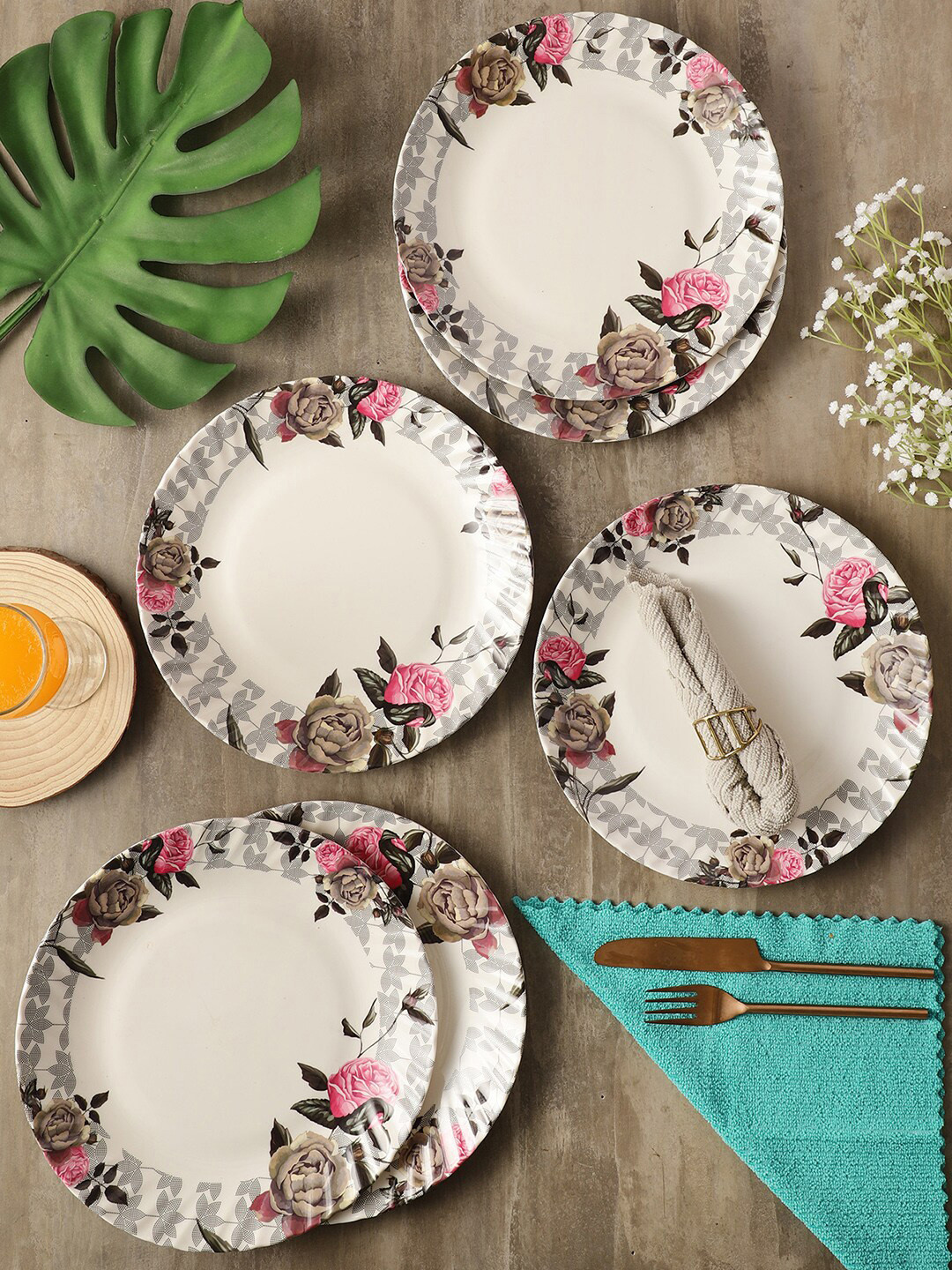 CDI White & Pink 6 Pieces Floral Printed Melamine Glossy Plates