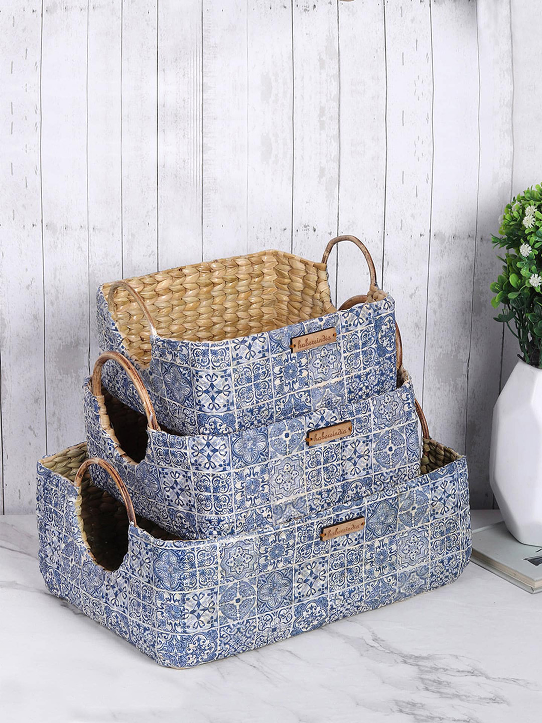 HABERE INDIA Set Of 3 Blue Handcrafted Fruit & Vegetable Jute Storage Basket