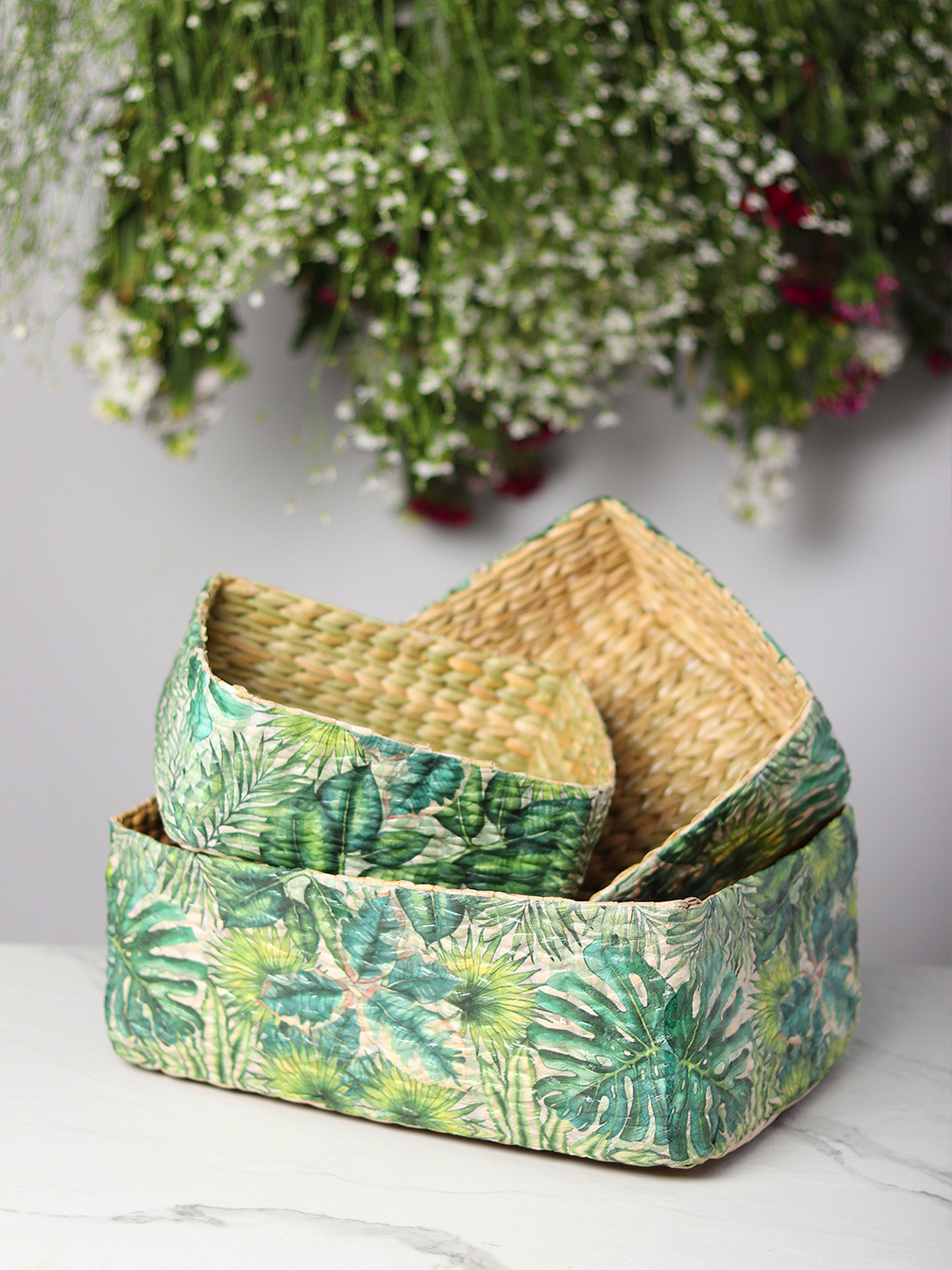 HABERE INDIA Green and Beige 3 Piece Jute Storage Baskets