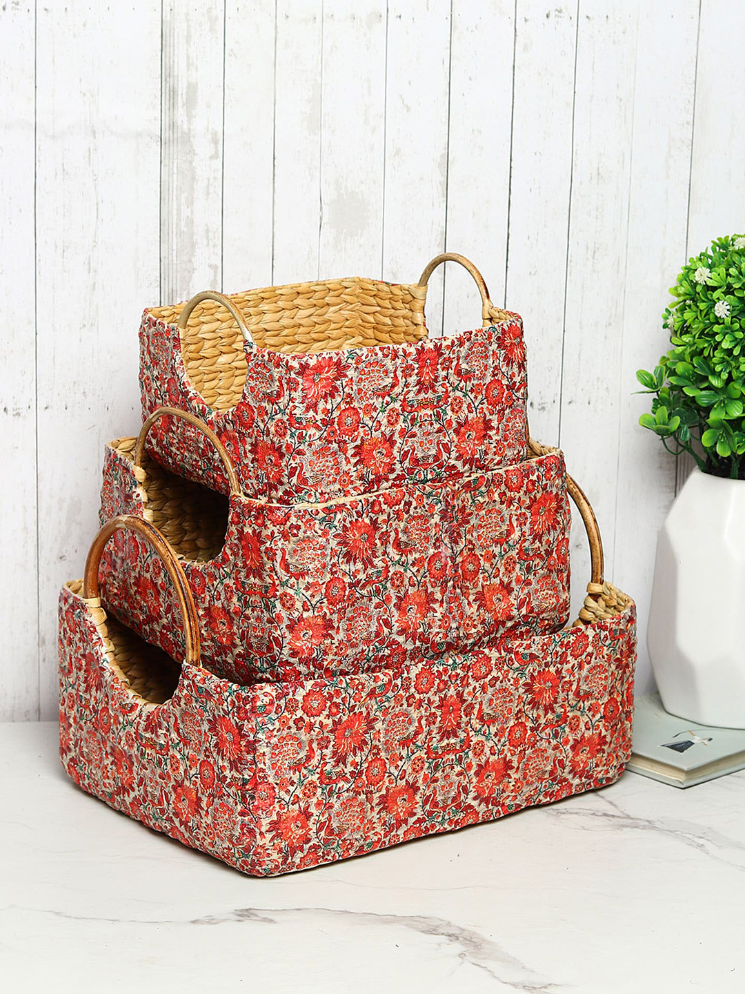 HABERE INDIA Set Of 3 White & Red Floral Printed Jute Kitchen Storage Basket