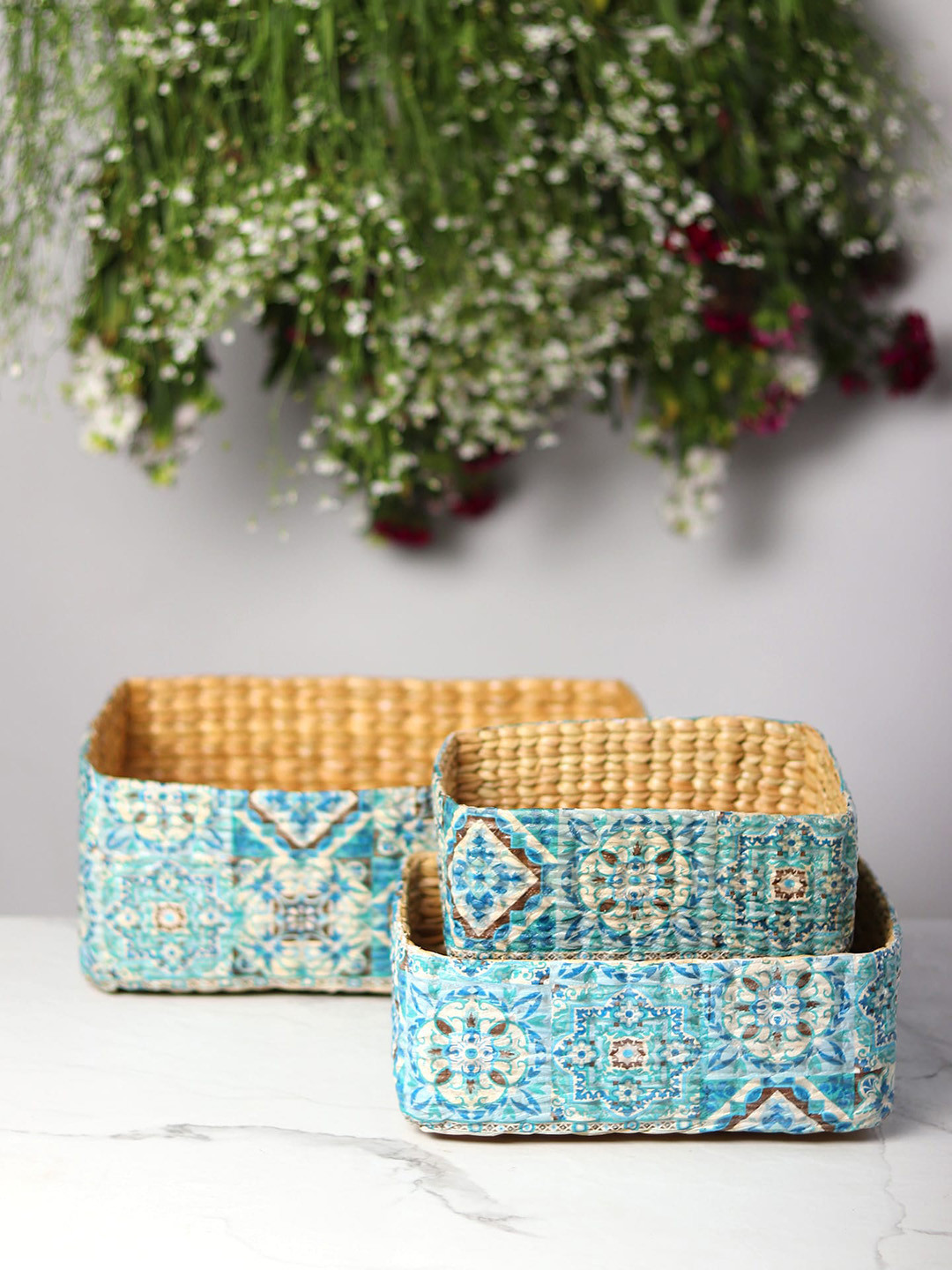 HABERE INDIA Blue & Beige Set of 3 Printed Jute Storage Baskets