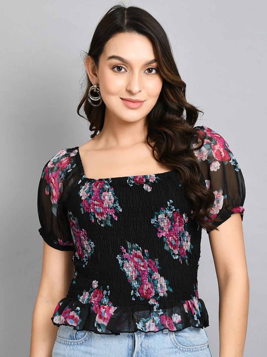 Fuchsia  Floral Printed Chiffon Blouson Top