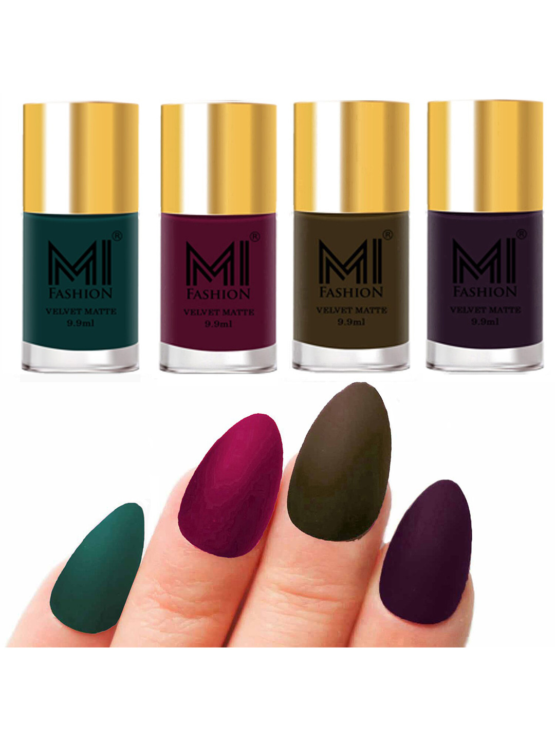 MI FASHION Set of Velvet Matte Nail Polish 9.9 ml Each -Dark Green 12 - Magenta 14 - Olive Brown 15 - Dark Purple 30