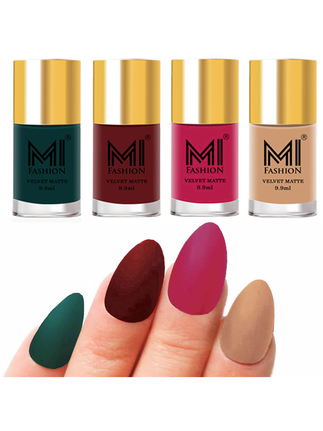 MI FASHION Set of Velvet Matte Nail Polish 9.9 ml Each -Dark Green 12 - Maroon 23 - Pink 24 - Nude 28