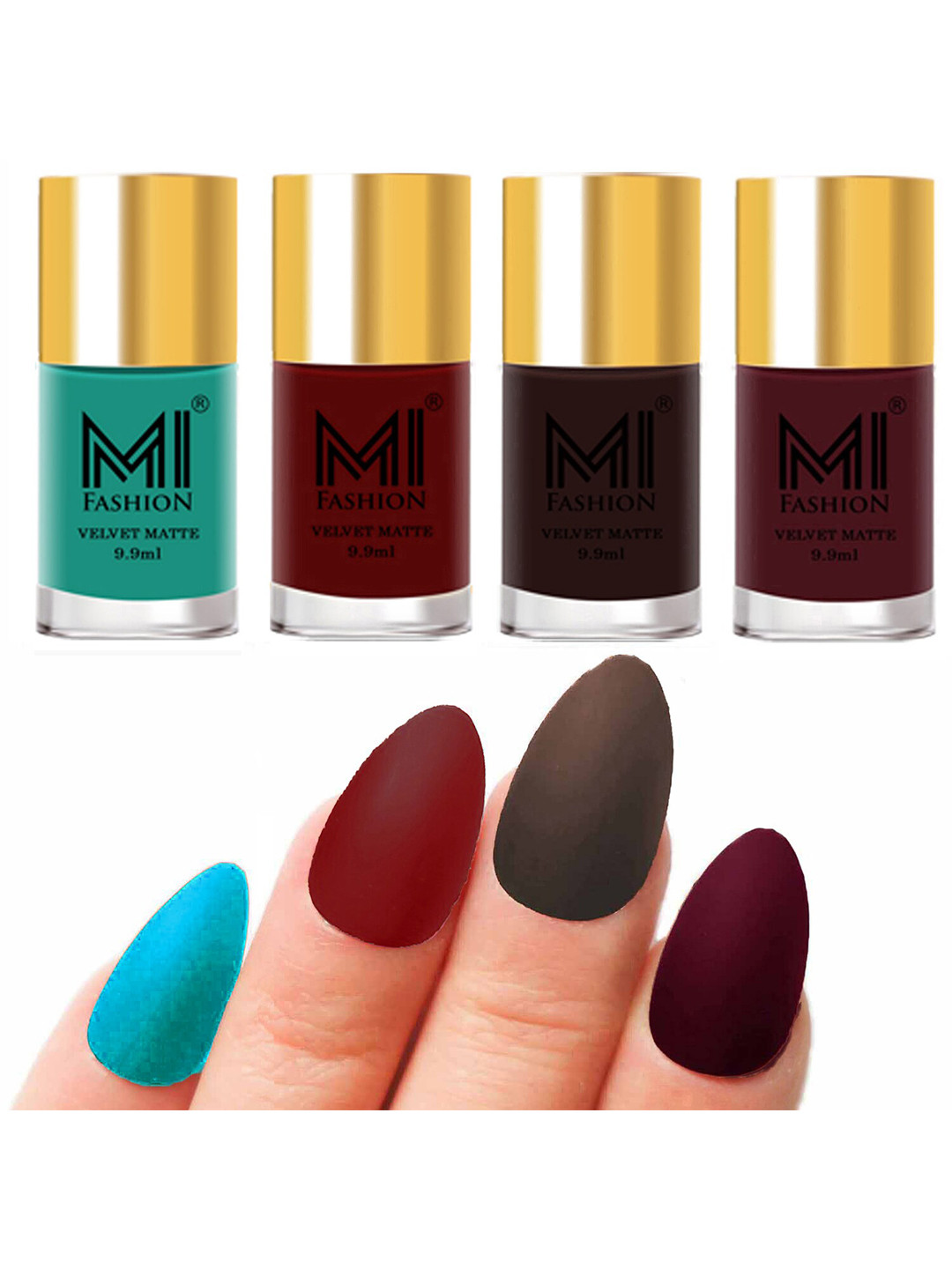 MI FASHION Set of Velvet Matte Nail Polish 9.9 ml Each -Sky Blue 06 - Red 08 - Dark Brown 09 - Red Wine 26