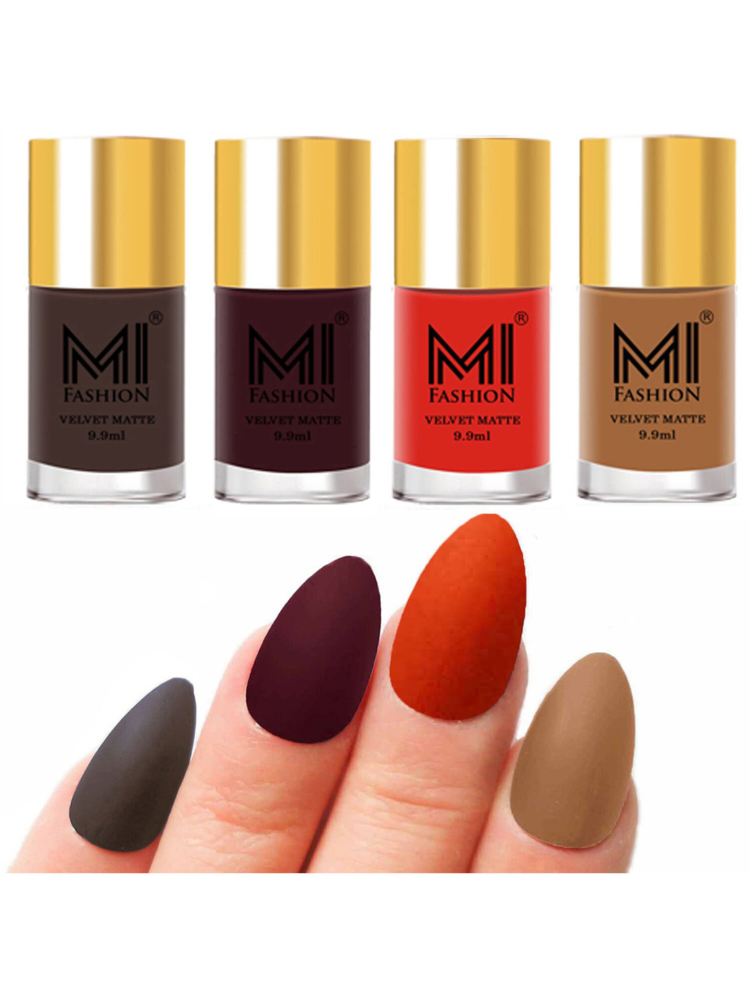 MI FASHION Set of Velvet Matte Nail Polish 9.9 ml Each -Coffee 02 - Wine 03 - Orange 04 - Dark Nude 27