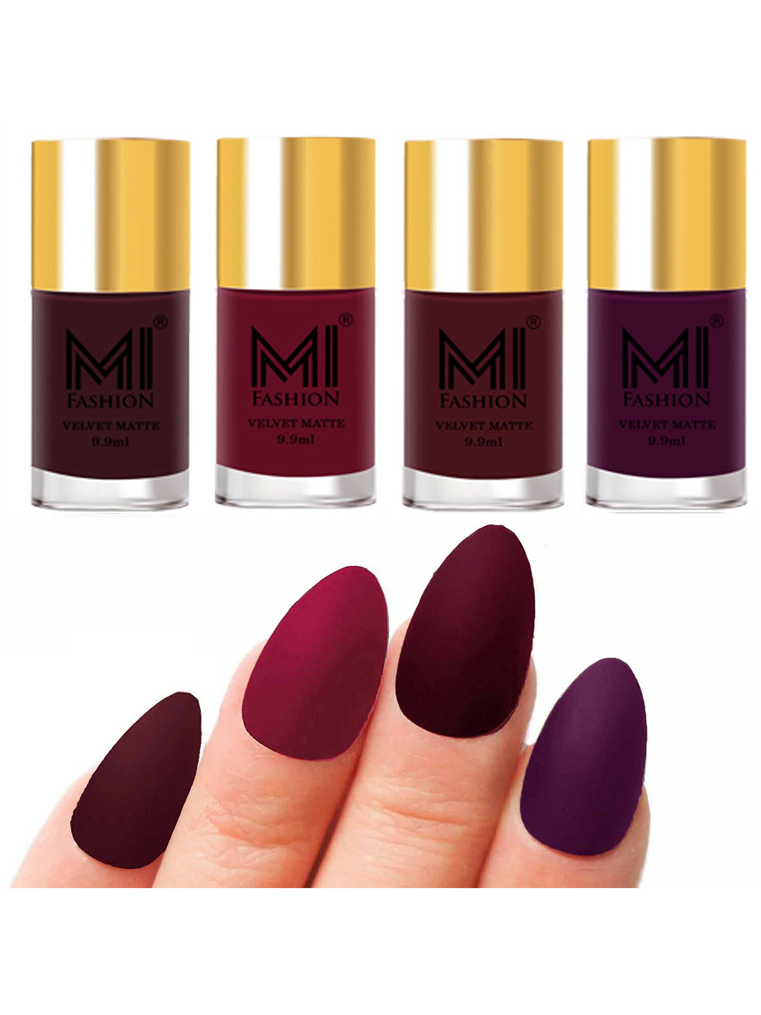 MI FASHION Set of Velvet Matte Nail Polish 9.9 ml Each -Wine 03 - Mauve 25 - Red Wine 26 - Purple 29