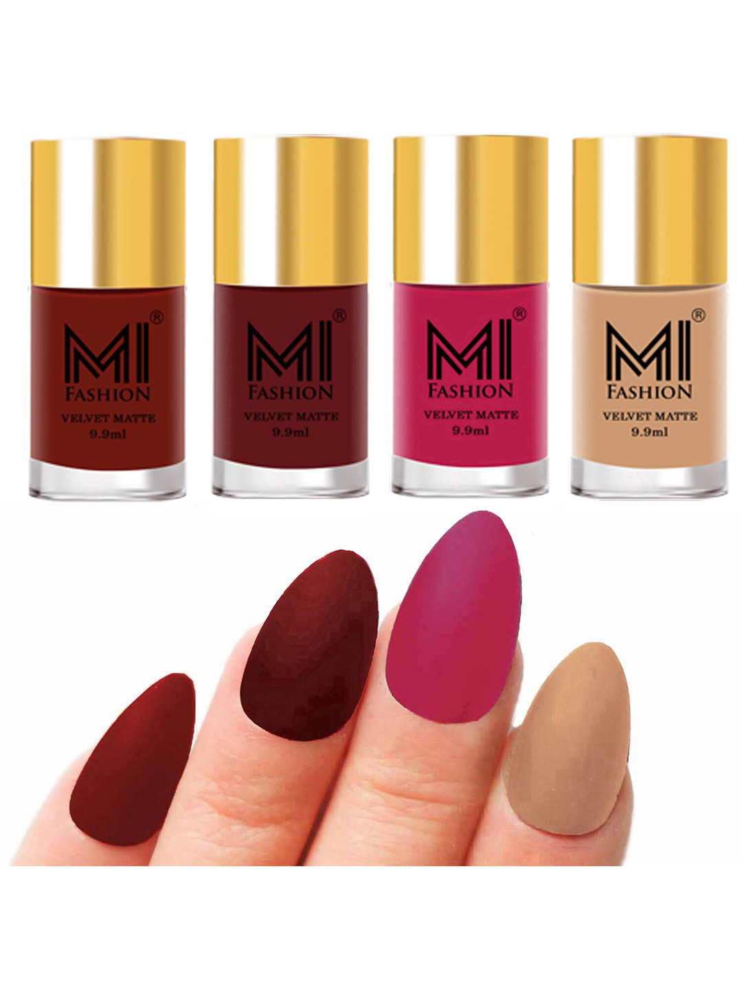 MI FASHION Set of Velvet Matte Nail Polish 9.9 ml Each -Cherry Red 17 - Maroon 23 - Pink 24 - Nude 28