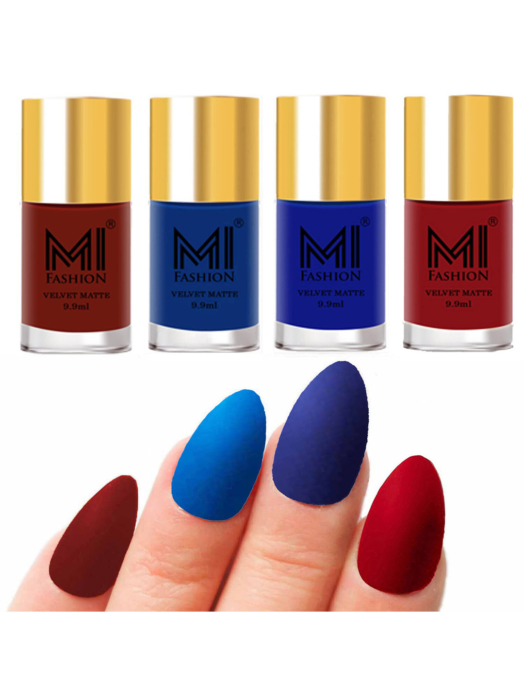 MI FASHION Set of Velvet Matte Nail Polish 9.9 ml Each -Cherry Red 17 - Navy Blue 18 - Royal Blue 19 - Tomato Red 22