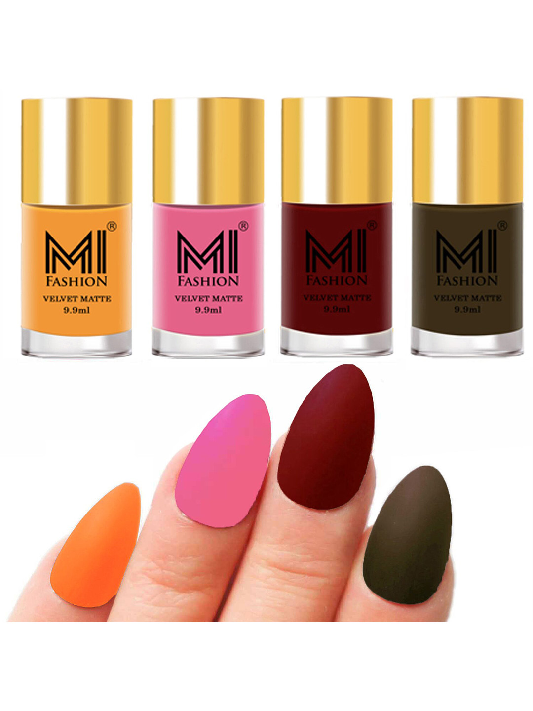 MI FASHION Set of Velvet Matte Nail Polish 9.9 ml Each -Saffron Orange 01 - Baby Pink 07 - Red 08 - Olive Brown 15
