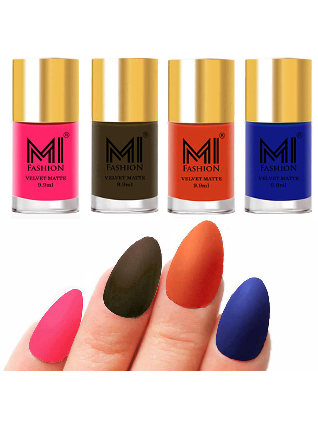 MI FASHION Set of Velvet Matte Nail Polish 9.9 ml Each -Neon Pink 13 - Olive Brown 15 - Orange 16 - Royal Blue 19