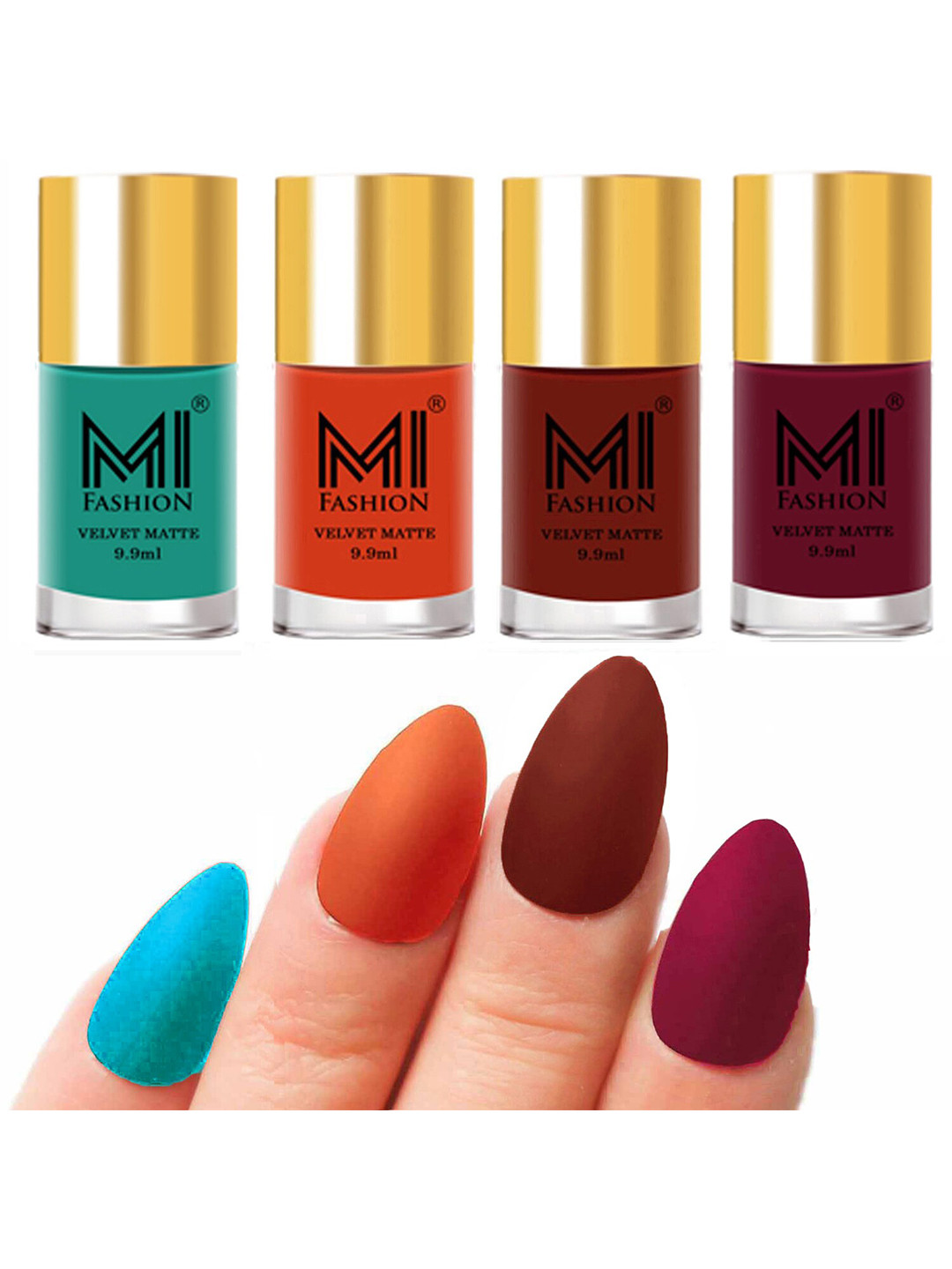 MI FASHION Set of Velvet Matte Nail Polish 9.9 ml Each -Sky Blue 06 - Orange 16 - Cherry Red 17 - Mauve 25