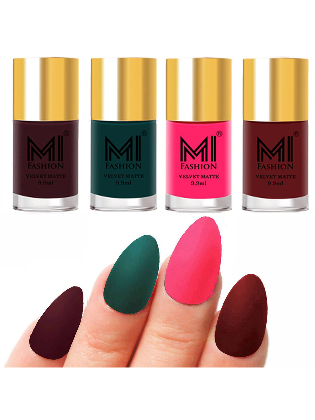 MI FASHION Set of Velvet Matte Nail Polish 9.9 ml Each -Wine 03 - Dark Green 12 - Neon Pink 13 - Maroon 23