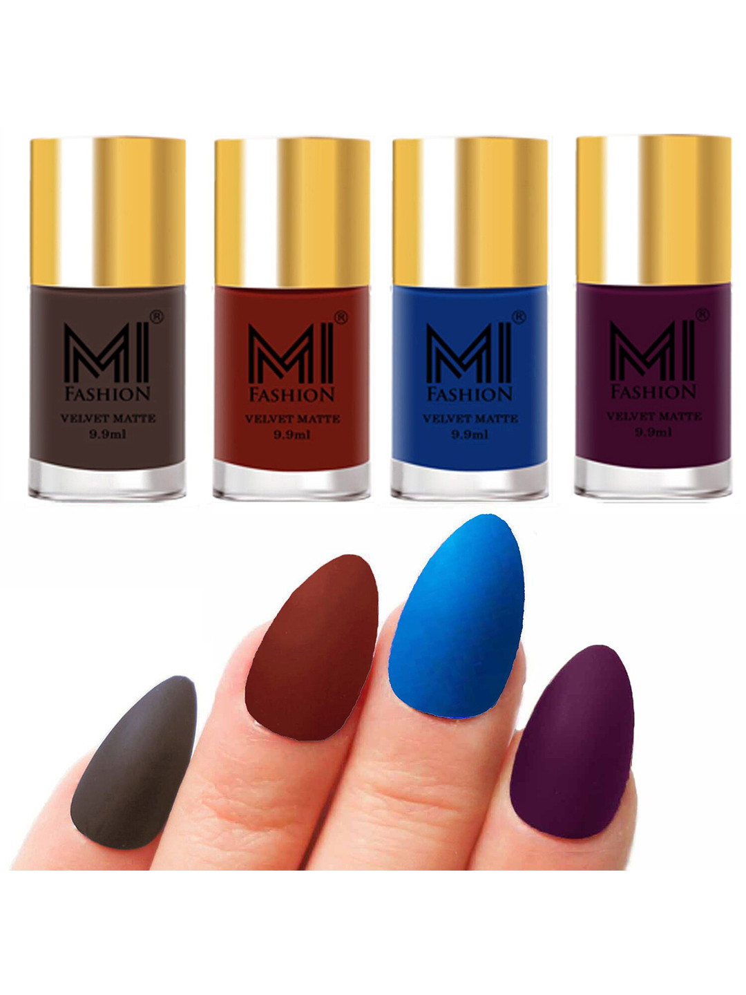 MI FASHION Set of Velvet Matte Nail Polish 9.9 ml Each -Coffee 02 - Cherry Red 17 - Navy Blue 18 - Purple 29