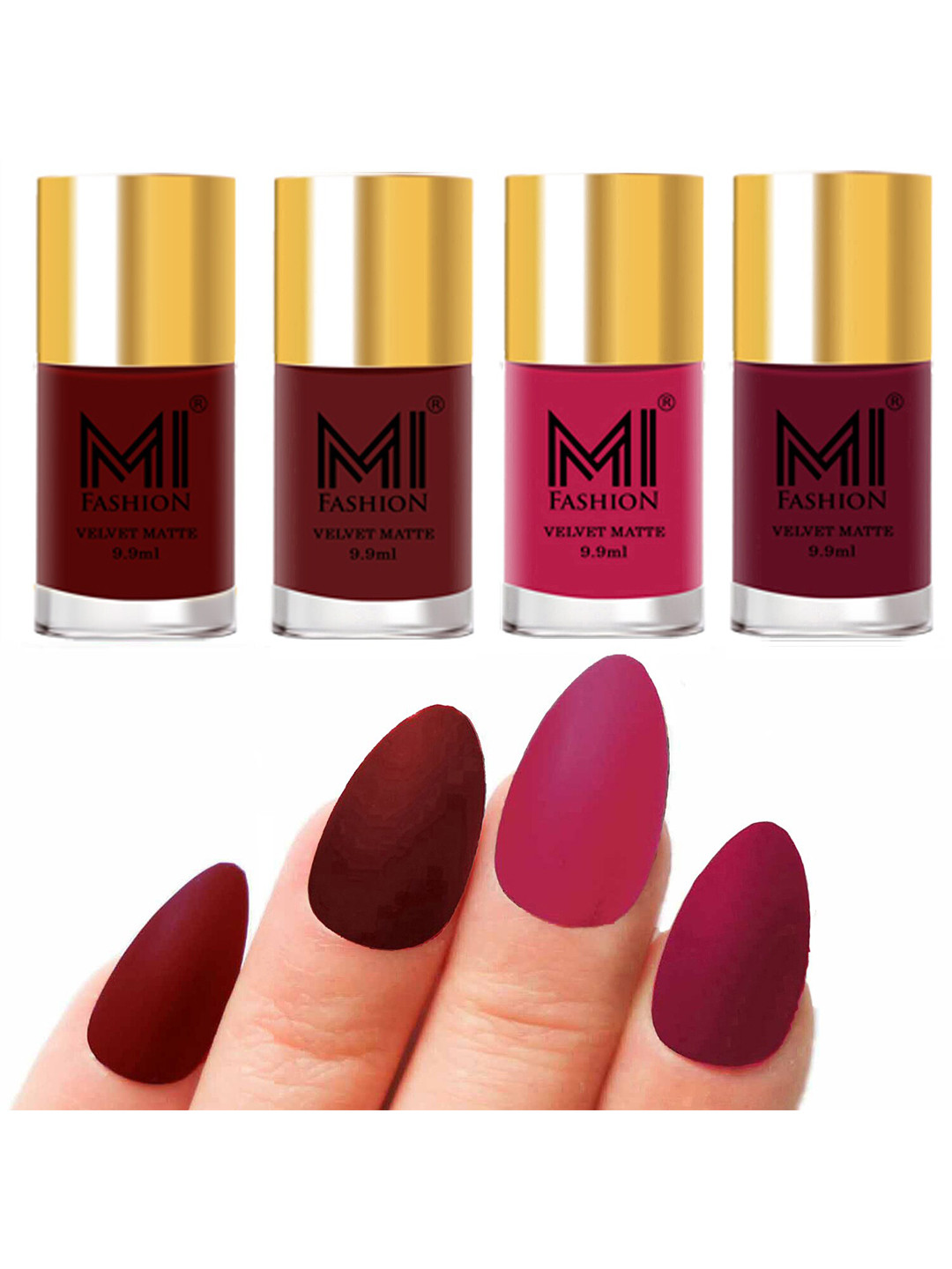 MI FASHION Set of Velvet Matte Nail Polish 9.9 ml Each -Red 08 - Tomato Red 22 - Maroon 23 - Mauve 25