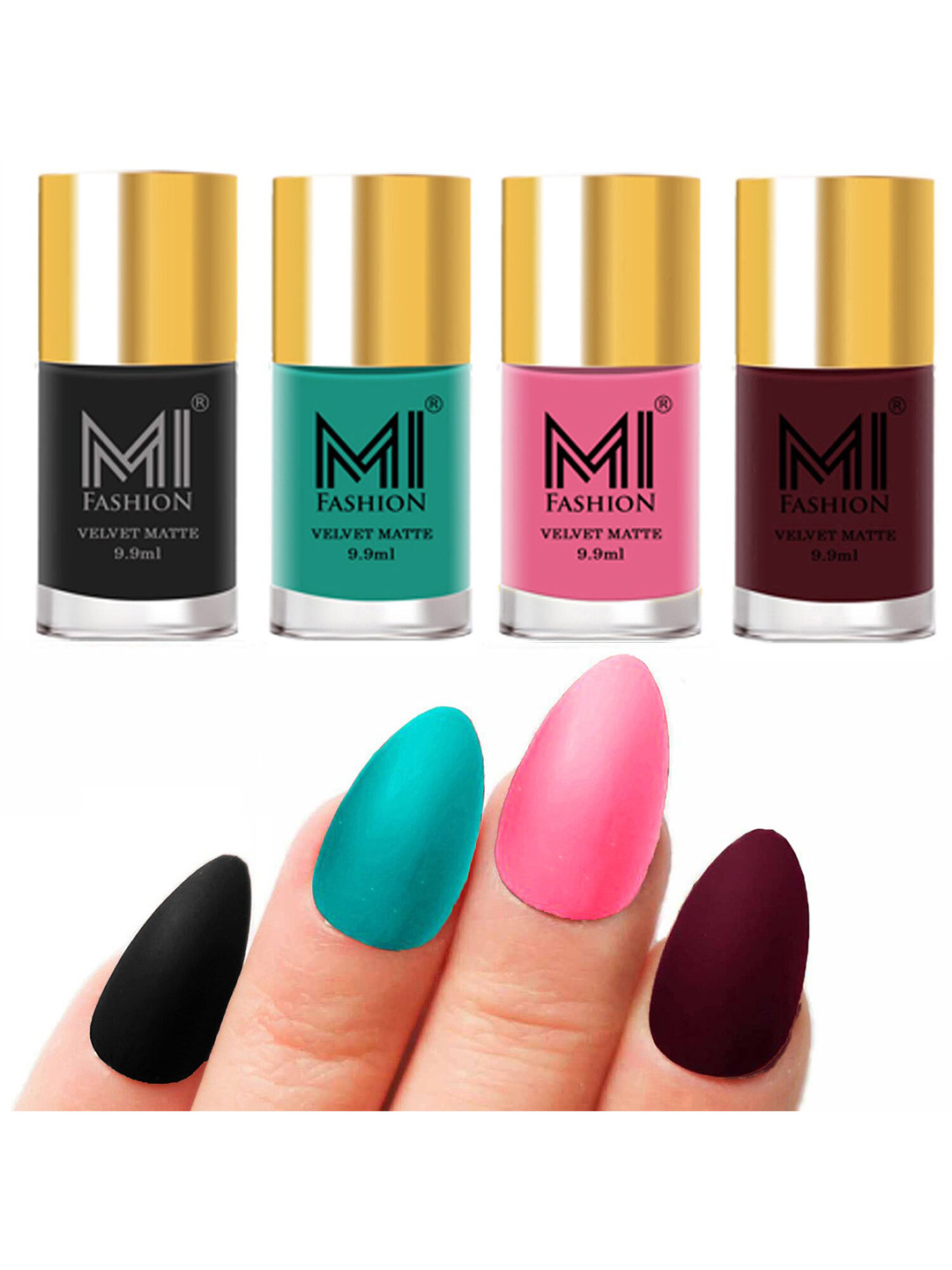 MI FASHION Set of Velvet Matte Nail Polish 9.9 ml Each -Black 05 - Sky Blue 06 - Baby Pink 07 - Red Wine 26