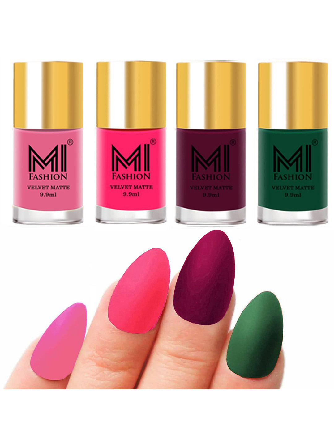 MI FASHION Set of Velvet Matte Nail Polish 9.9 ml Each -Baby Pink 07 - Neon Pink 13 - Magenta 14 - Green 21