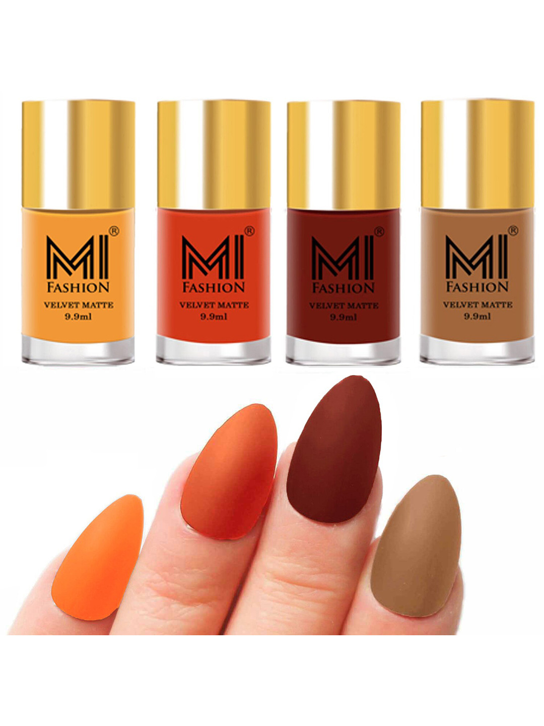 MI FASHION Set of Velvet Matte Nail Polish 9.9 ml Each -Saffron Orange 01 - Orange 16 - Cherry Red 17 - Dark Nude 27