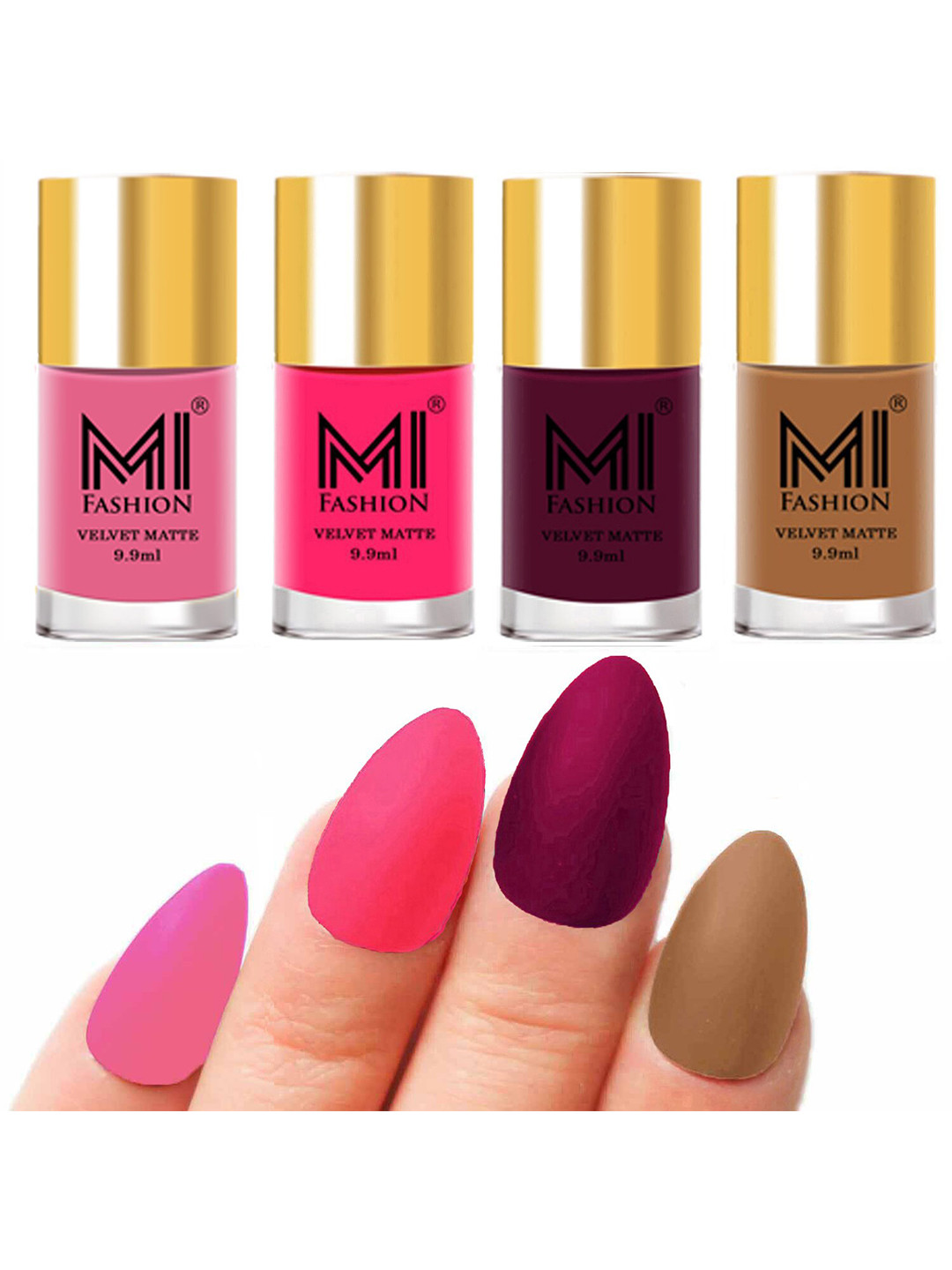 MI FASHION Set of Velvet Matte Nail Polish 9.9 ml Each -Baby Pink 07 - Neon Pink 13 - Magenta 14 - Dark Nude 27