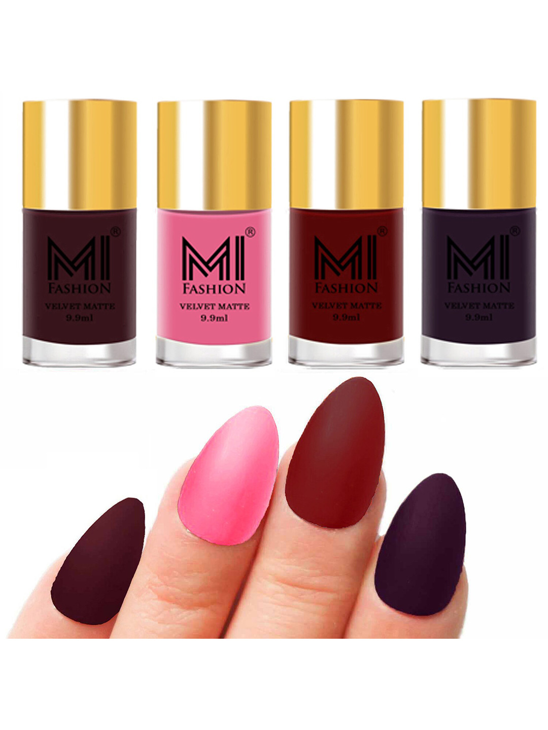 MI FASHION Set of Velvet Matte Nail Polish 9.9 ml Each -Wine 03 - Baby Pink 07 - Red 08 - Dark Purple 30
